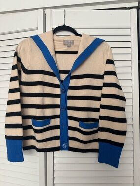 J. Crew Cashmere Cream and Black Striped Nautical Cardigan with Blue Trim M